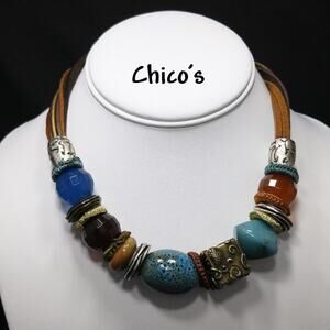 Chico's Large Blue Brown Beaded Suede Leather Cord Necklace, 20 Inches